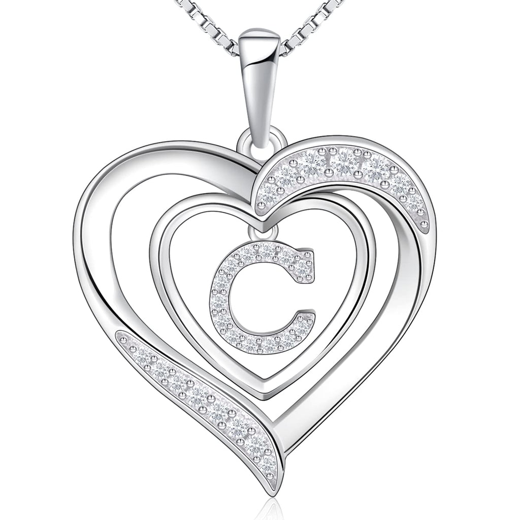 RIVIKO Heart Initial Necklace for Women, 925 Sterling Silver Dainty Letter Pendant Necklaces, Sterling Silver, Cubic Zirconia