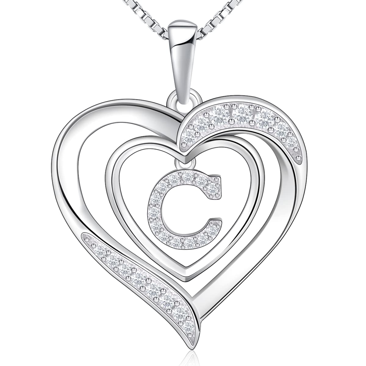 RIVIKO Heart Initial Necklace for Women, 925 Sterling Silver Dainty Letter Pendant Necklaces, Sterling Silver, Cubic Zirconia