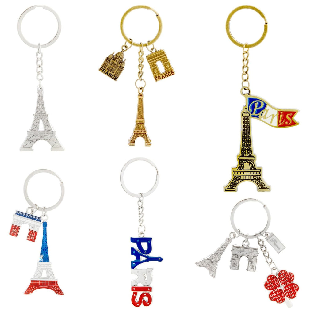 Juvale 6 Pack Paris Keychain, France Souvenir Gift, Eiffel Tower, French Flag, and Arc de Triomphe Metal Key Rings, Ideal Paris Souvenirs from France, Silver/Bronze
