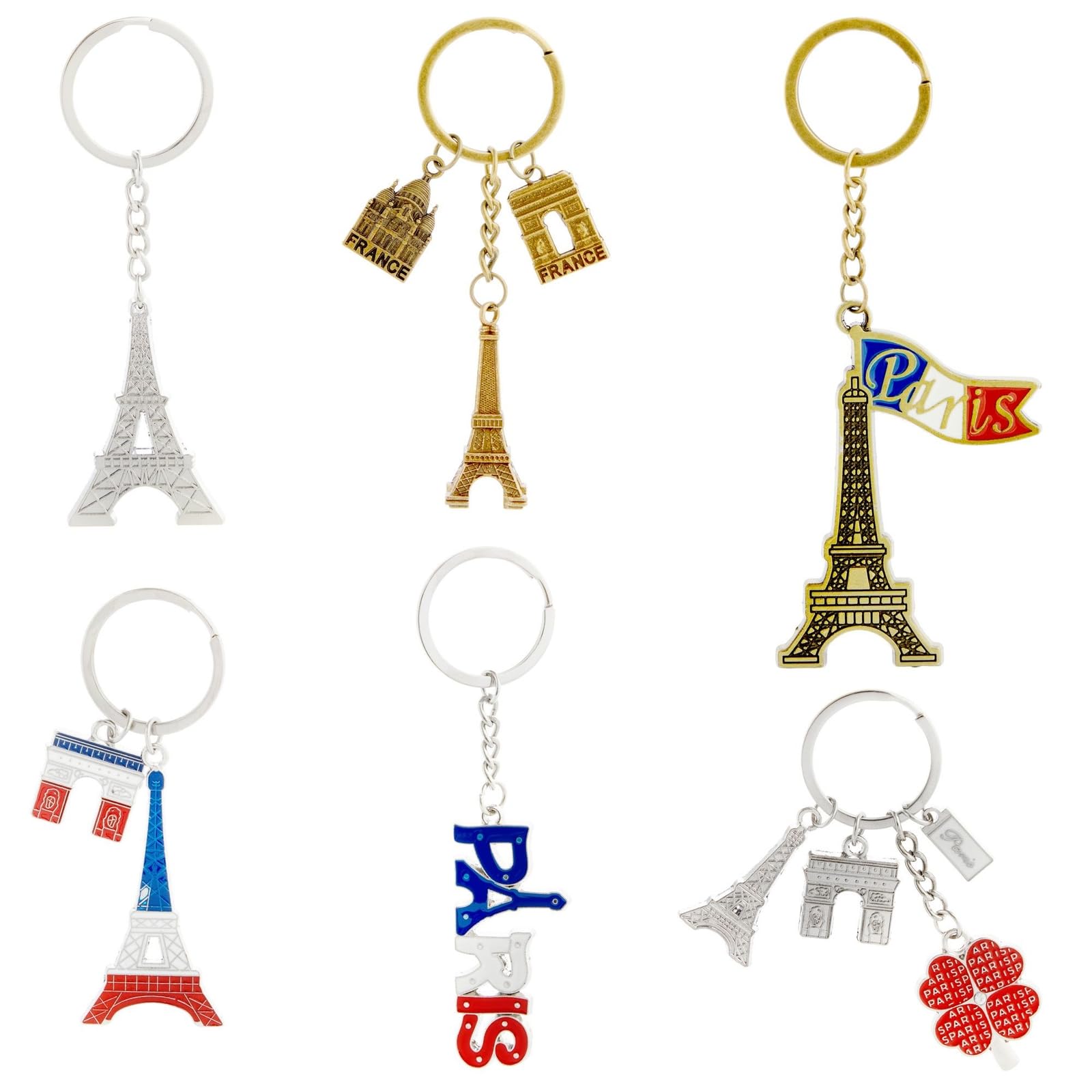 Juvale 6 Pack Paris Keychain, France Souvenir Gift, Eiffel Tower, French Flag, and Arc de Triomphe Metal Key Rings, Ideal Paris Souvenirs from France, Silver/Bronze