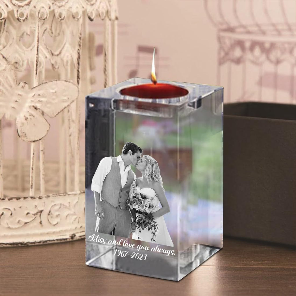 Attention Personalized 3D Photo Crystal Candle Holder, Custom Text Engraving Clear Crystal Holders, Customized Memorial Candle Holder, Gifts for Christmas, Mothers Day, Fathers Day, Anniversary