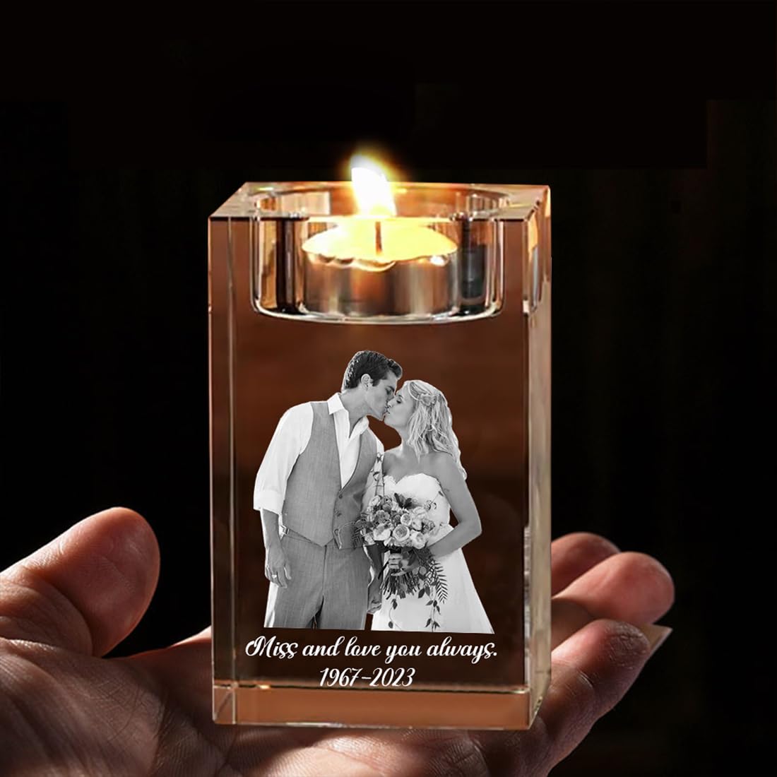 Attention Personalized 3D Photo Crystal Candle Holder, Custom Text Engraving Clear Crystal Holders, Customized Memorial Candle Holder, Gifts for Christmas, Mothers Day, Fathers Day, Anniversary