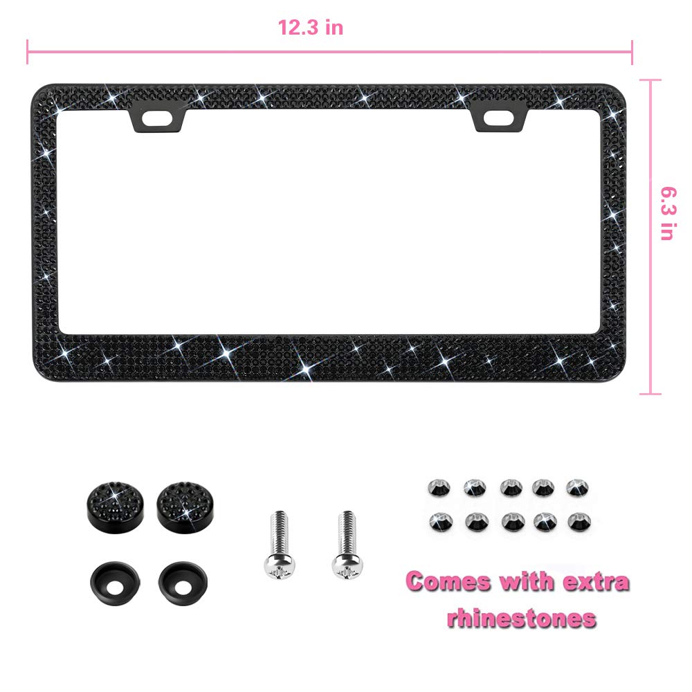 Bling License Plate Frame for Women, 1PCS Sparkly License Plate Frames| Over 1200 pcs 14 Facets Bedazzled Clear Glass Diamond Rhinestone Crystals w/Free Glitter Diamond Box (Black)