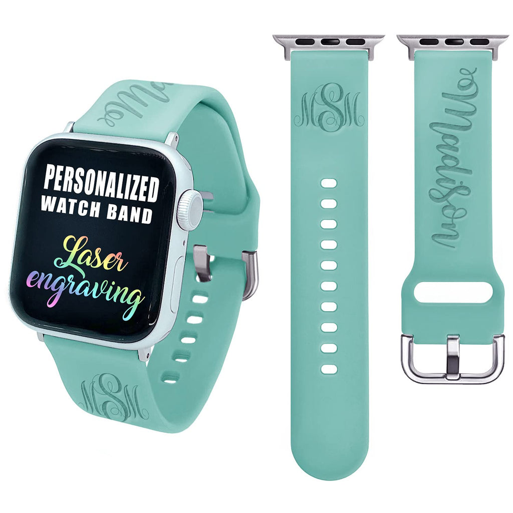 Custom Personalized Bands Compatible with Apple Watch 38mm 40mm 42mm 44mm, Name Monogram Laser Engraved Gift Soft Silicone Sport Loop Replacement Wrist Strap for iWatch Series 9/8/7/SE/6/5/4/3/2/1