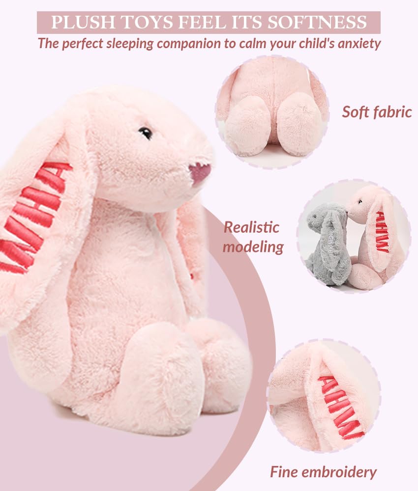 BUGMKCS Personalized Baby Gifts, Bunny Stuffed Animal for Babies with Embroidered Child's Name, Handmade Custom Plush Rabbit Toy for Girl Boy, Customized Cute Baby Items for Newborn, Kids