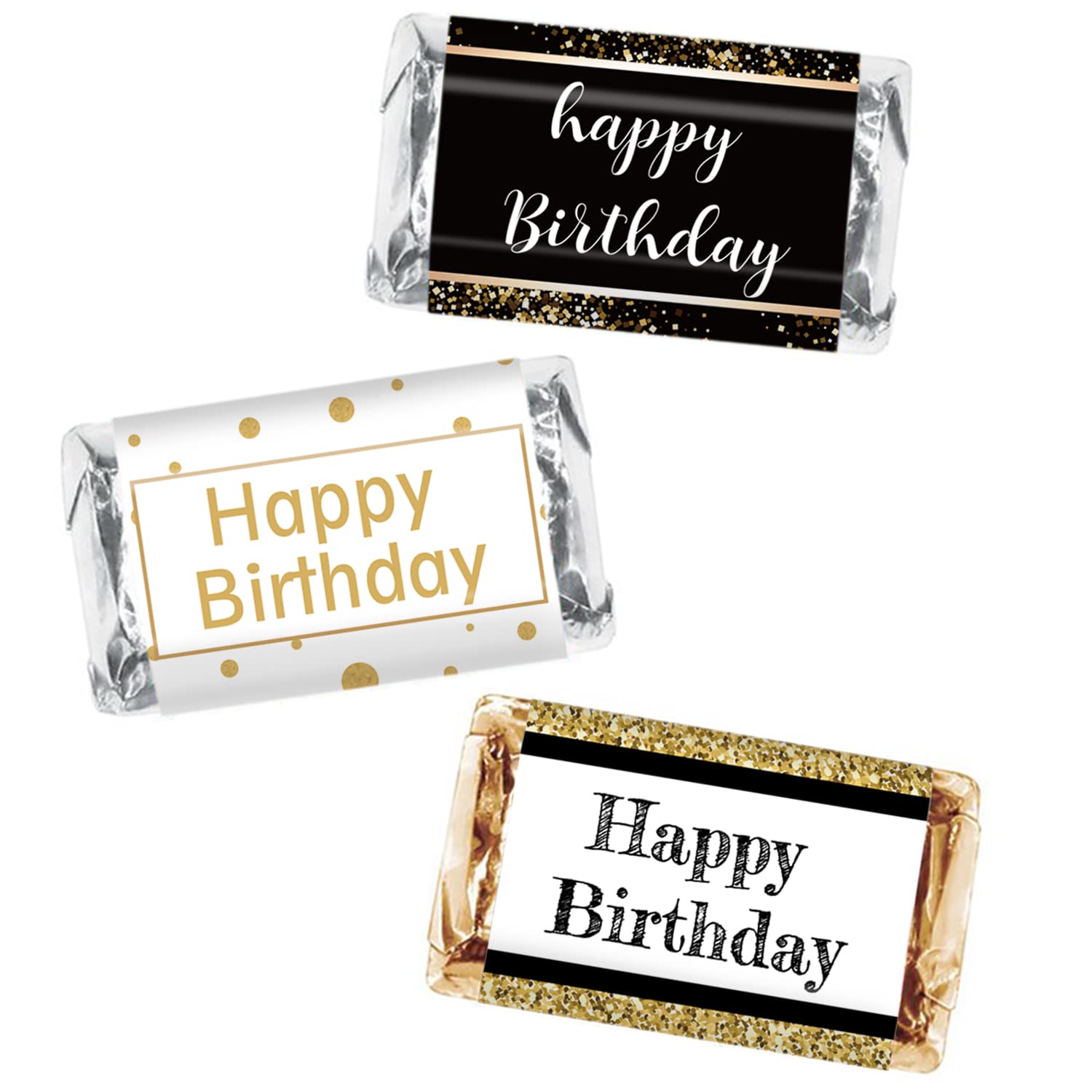 Happy Birthday Candy Bar Wrappers, Black and Gold Mini Candy Bar Wrappers Birthday Party Favors, Pack of 54