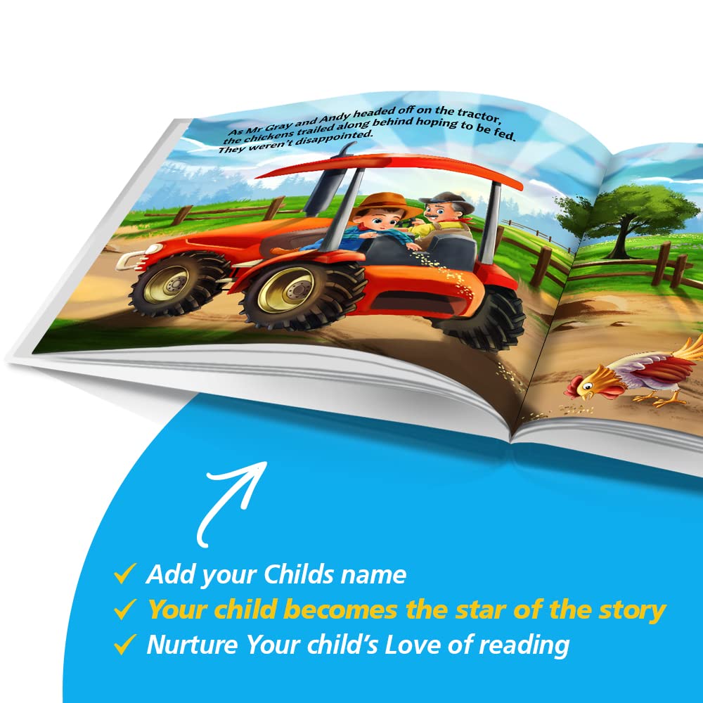 Personalized Storybooks by Dinkleboo - Visits The Farm - Your Child Joins Mr. Gray On A Trip Around The Farm - for Children Aged 0 to 8 Years Old - Soft Cover - Smooth, Glossy Finish (8"x 8")
