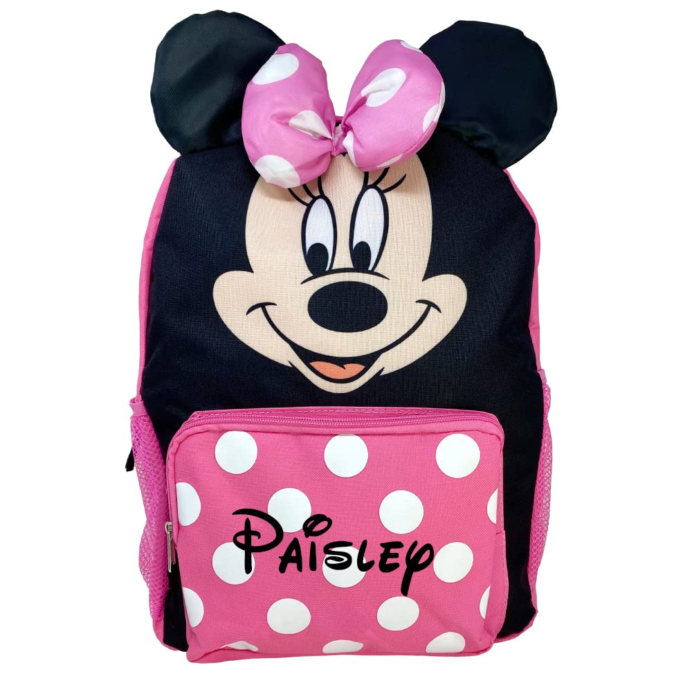 The Trendy Turtle Personalized Backpack made from Disney Minnie Mouse Face with Minnie Bow Pink with White Polka Dots Back to School or Travel Book Bag Backpack - 16 inches