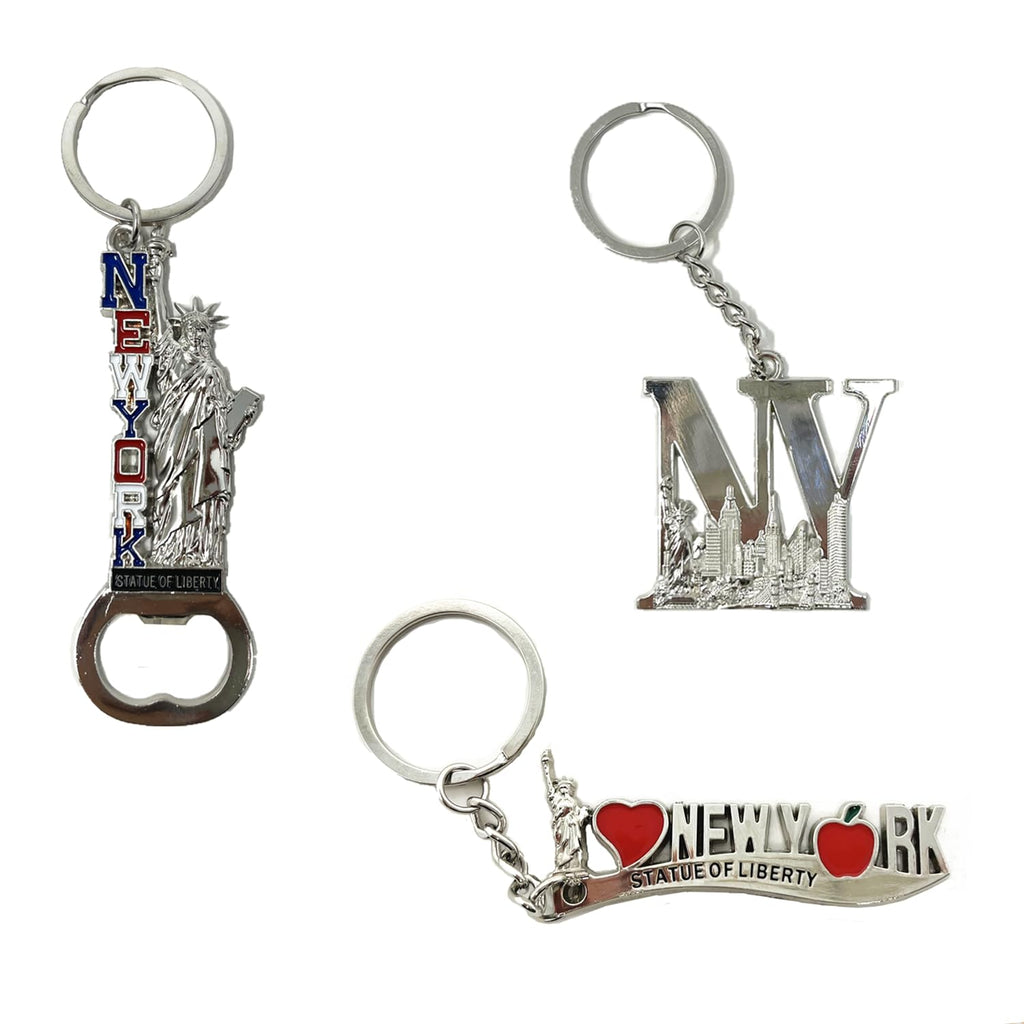 12 Pack Silver NYC Souvenir Collection New York Metal Keychain Ring Bundle Bulk Includes Empire State, Freedom Tower, Statue Of Liberty, USA Flag,NY Cab, Apple, 3 Pc Bottle Opener too And More