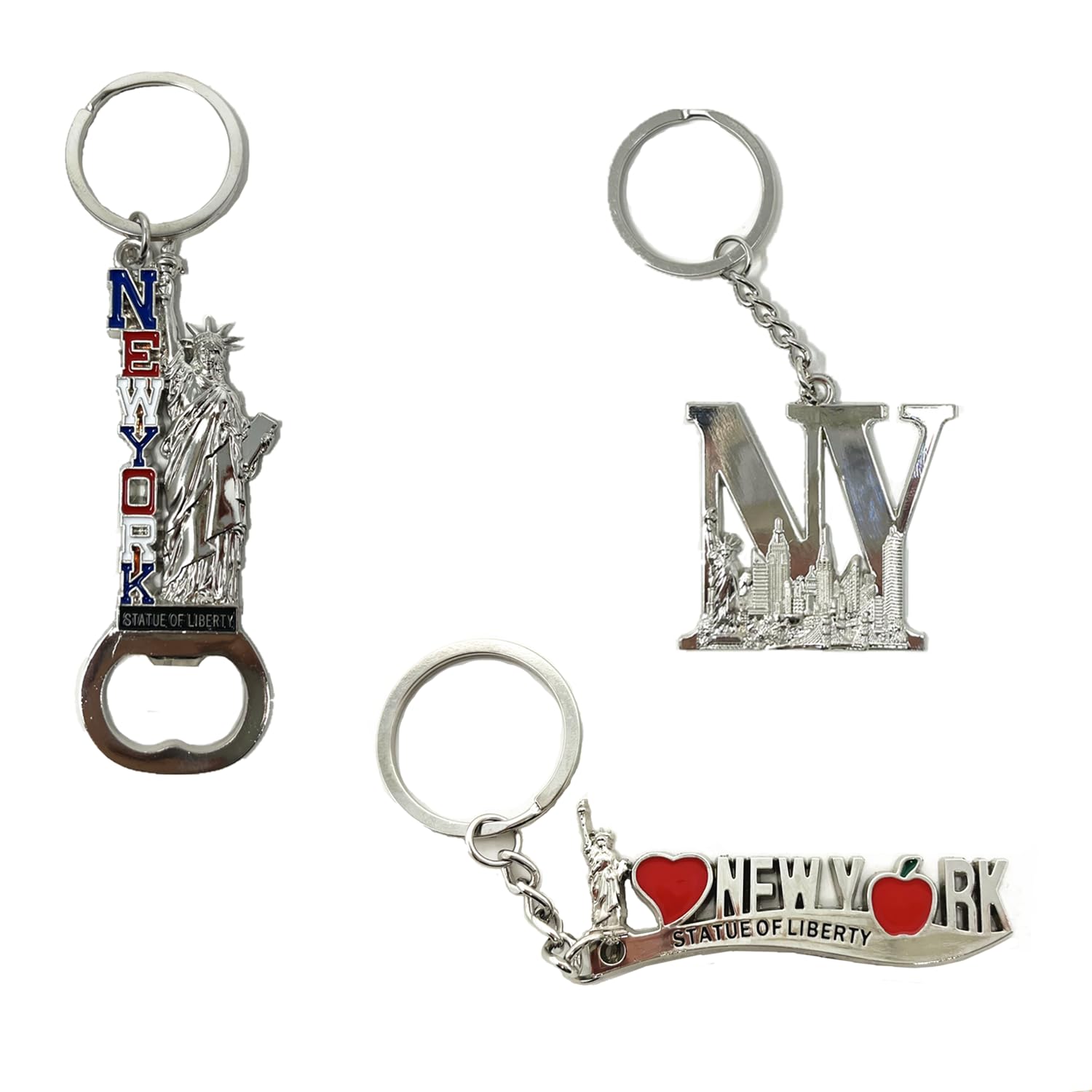 12 Pack Silver NYC Souvenir Collection New York Metal Keychain Ring Bundle Bulk Includes Empire State, Freedom Tower, Statue Of Liberty, USA Flag,NY Cab, Apple, 3 Pc Bottle Opener too And More