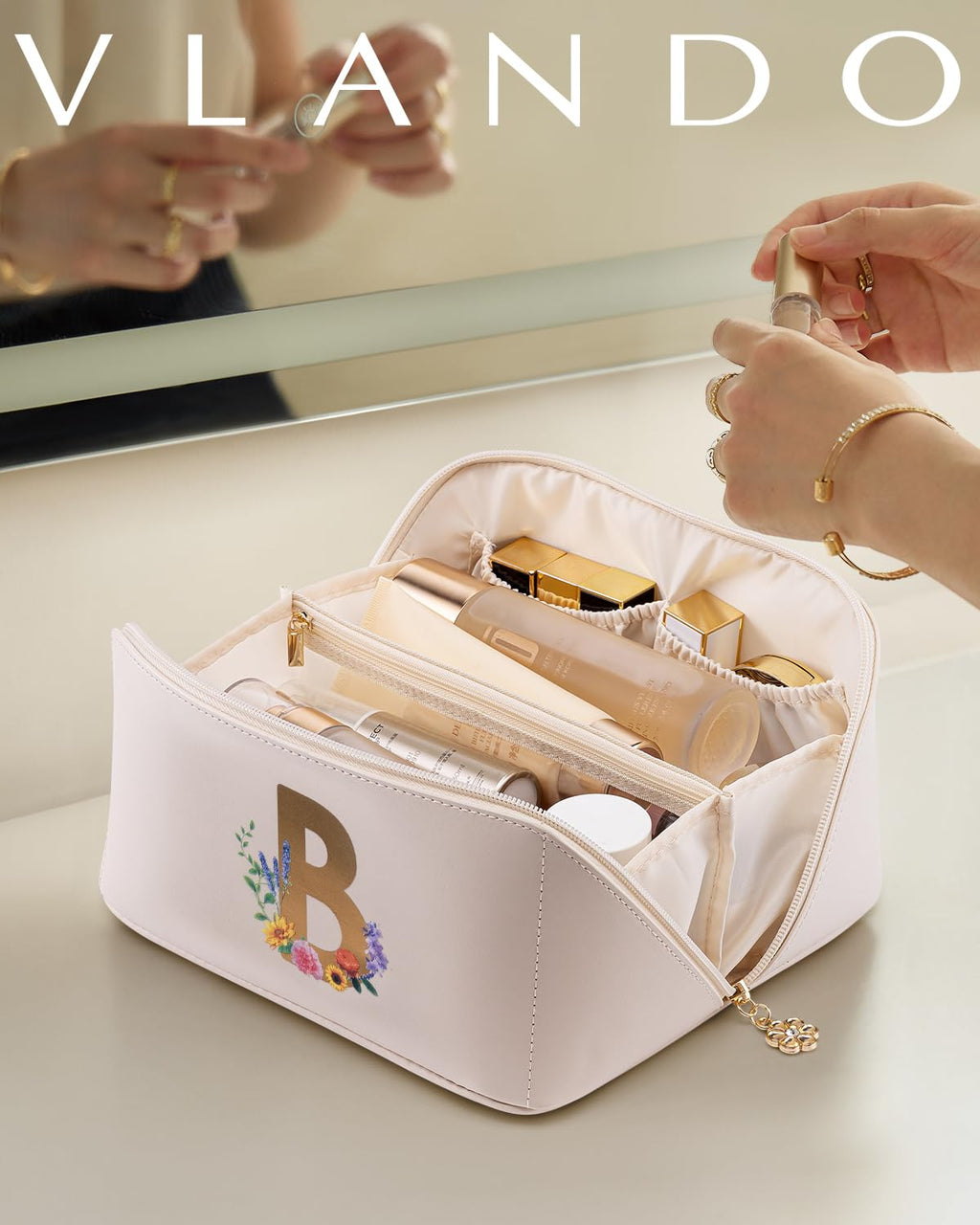 Vlando Christmas Gifts for Women,Personalized Makeup Organizer,Travel Essential Birthday Gifts for Friends Daughter(Letter B)