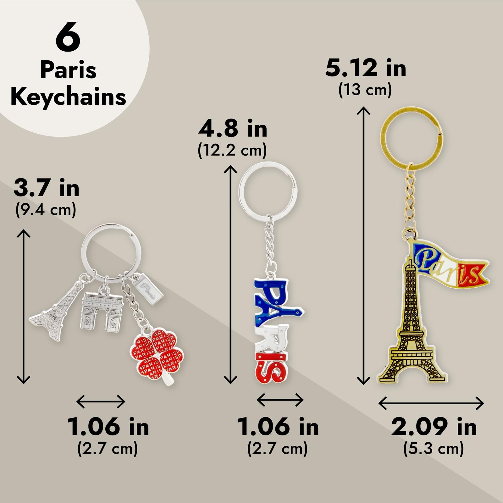 Juvale 6 Pack Paris Keychain, France Souvenir Gift, Eiffel Tower, French Flag, and Arc de Triomphe Metal Key Rings, Ideal Paris Souvenirs from France, Silver/Bronze