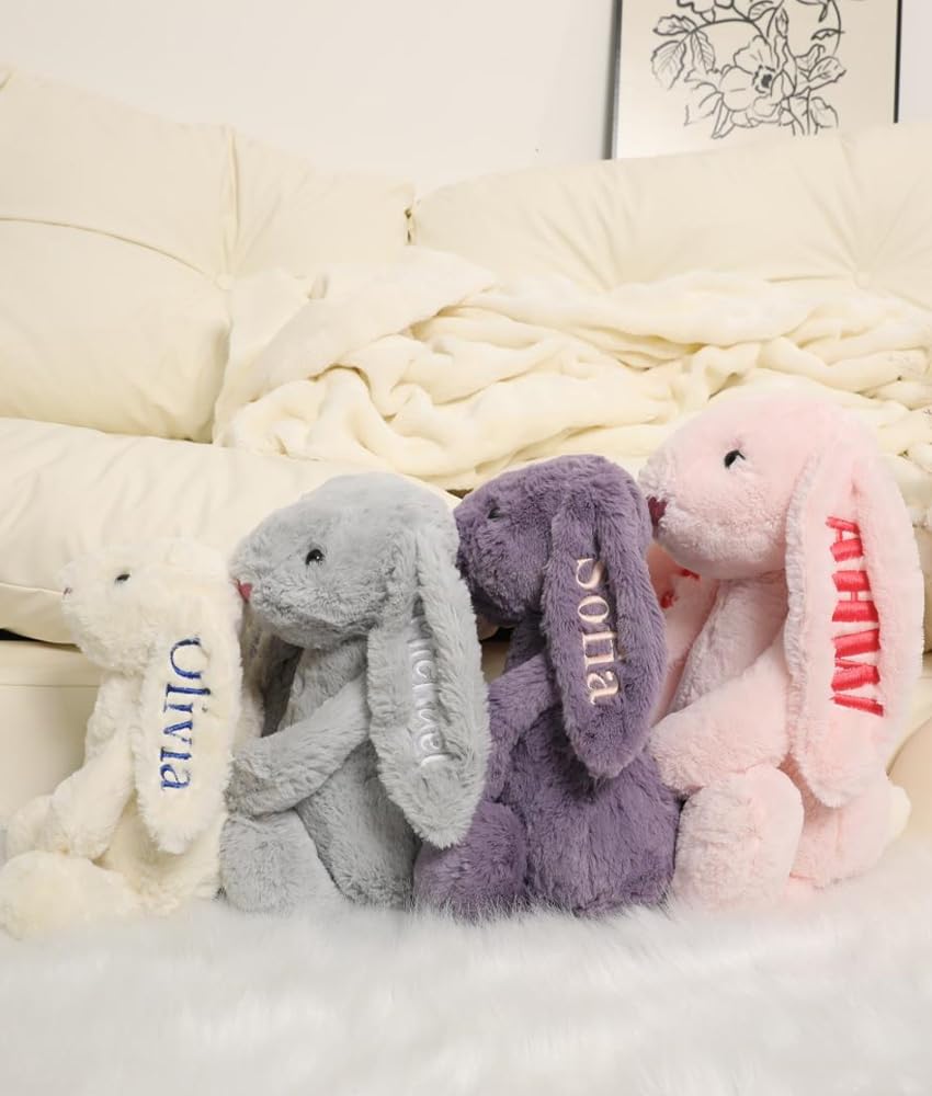BUGMKCS Personalized Baby Gifts, Bunny Stuffed Animal for Babies with Embroidered Child's Name, Handmade Custom Plush Rabbit Toy for Girl Boy, Customized Cute Baby Items for Newborn, Kids