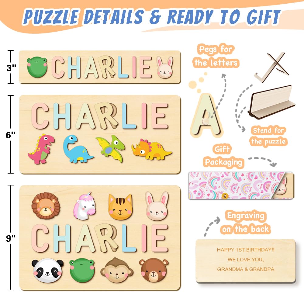 Purefly Personalized Name Puzzle for Kids Engraved Text Greetings on Back Custom Wooden Name Signs with Pegs for Baby Boy & Girl 1 Year Old Nursery Gifts Montessori Toys Toddler Puzzles for Newborn