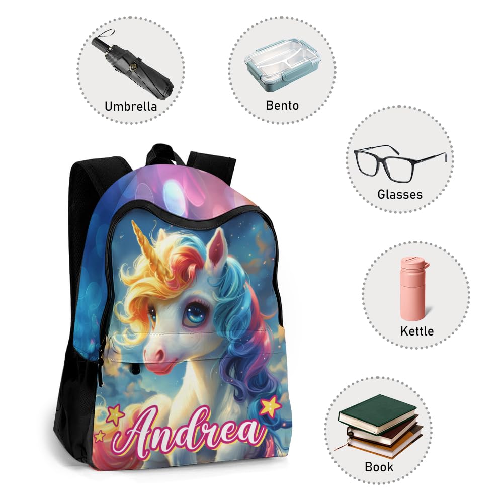 COLORSFORU Personalized Toddler Backpack for Girls with Rainbow Galaxy Unicorn Pattern, Custom Kid's Name School Backpack with Lunch Bag Box for Daughter, Unique Customized Travel School Bag Gifts