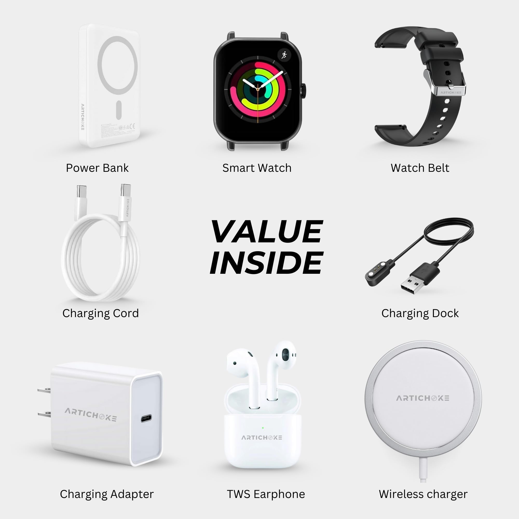 Artichoke 8-in-1 Tech Gadget Kit | Gifts for men - Power Bank 10000mAh, Smart Watch, TWS Earphones, Wireless Charger, Charging Adapter