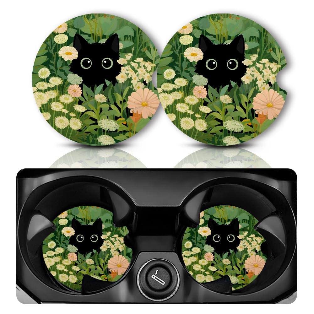 Car Coasters for Cup Holders，Car Cup Holder Coasters, 2 Pack Cup Holder Coasters for Car, Anti Slip Rubber Car Cup Mat with A Finger Notch, Car Interior Accessories for Women Men 2.75" Cute Cat