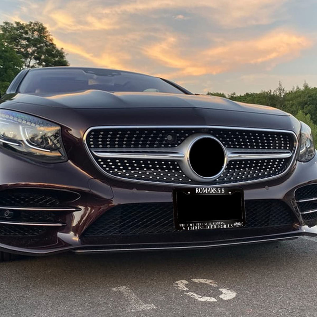 Jesus Bible Verses Romans 5：8 License Plate Frame Christian Stainless Steel Car Accessories Personalized License Plate Holder Fits Standard U.S. Vehicles Size: 12.2 x 6 Inches for Men Women