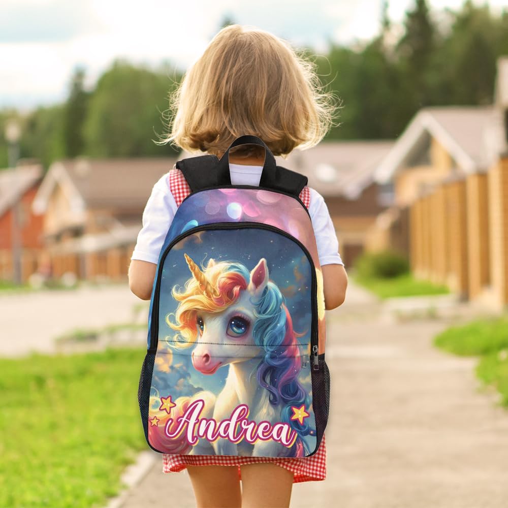 COLORSFORU Personalized Toddler Backpack for Girls with Rainbow Galaxy Unicorn Pattern, Custom Kid's Name School Backpack with Lunch Bag Box for Daughter, Unique Customized Travel School Bag Gifts