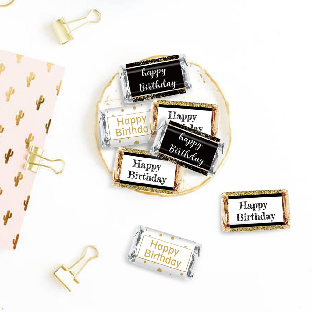 Happy Birthday Candy Bar Wrappers, Black and Gold Mini Candy Bar Wrappers Birthday Party Favors, Pack of 54