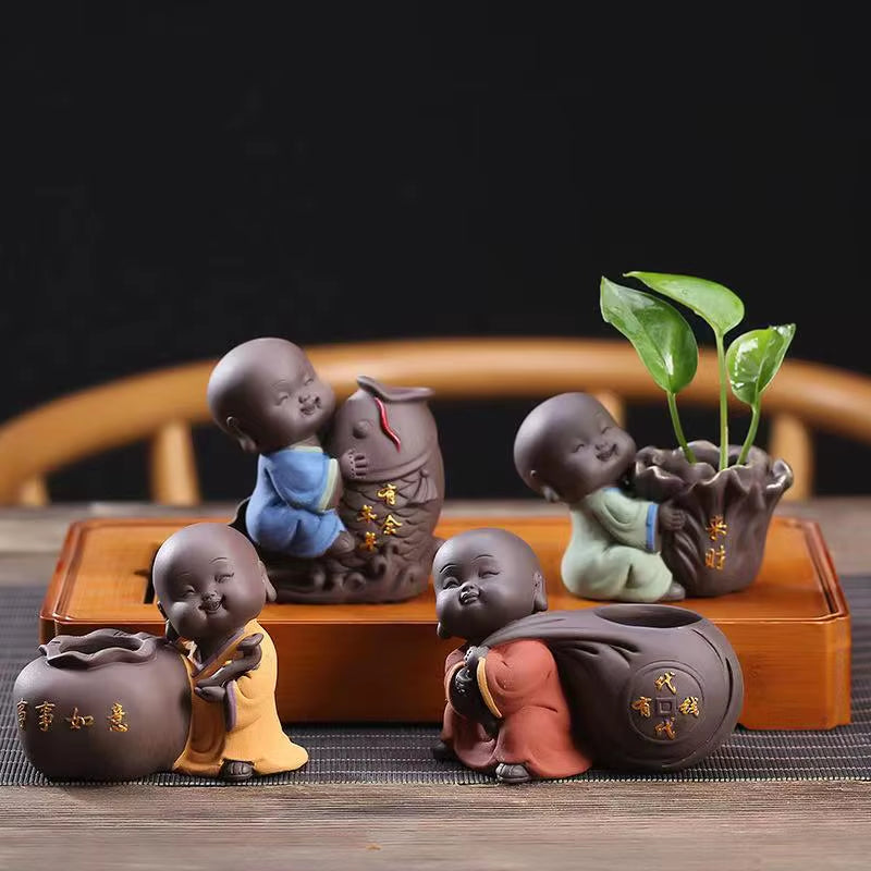 Ceramic Tea Pet Ornaments Small Buddha Statue Monk Figurine Desktop Flower Pot Hydroponic Plant Decoration Tea Accessories