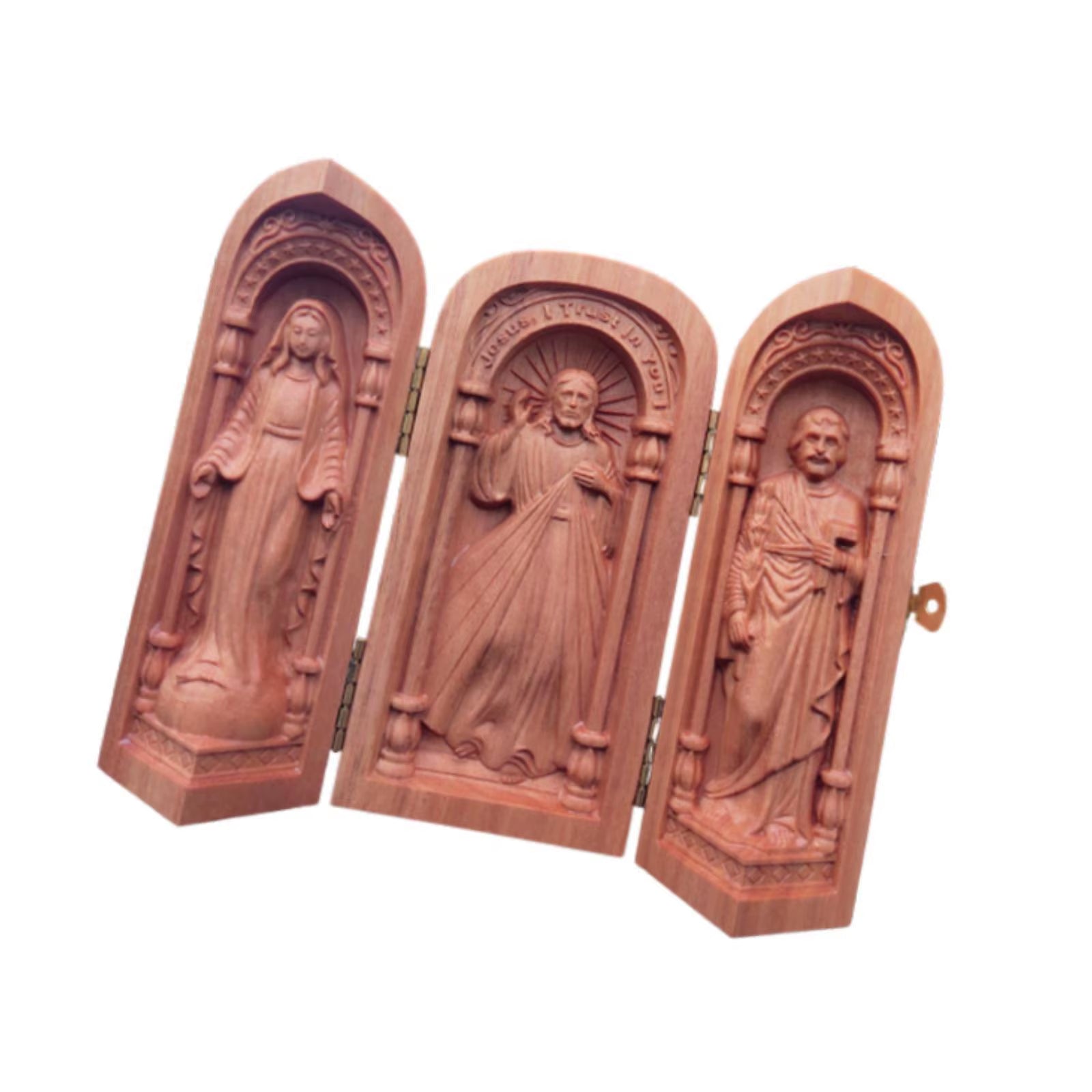 Wood Carving Ornaments Small Catholic Religious Decor Portable Holy Family Box for Bedroom Table Desktop Living Room Decoration