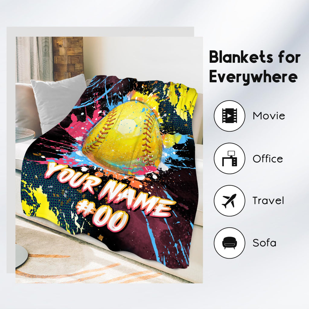 Personalized Softball Blanket - Soft Fuzzy Sports Throw Blankets for Girls Women - Custom Softball Theme Gifts for Softball Players - 50x60 Inches Large Flannel Blanket for Sofa Couch