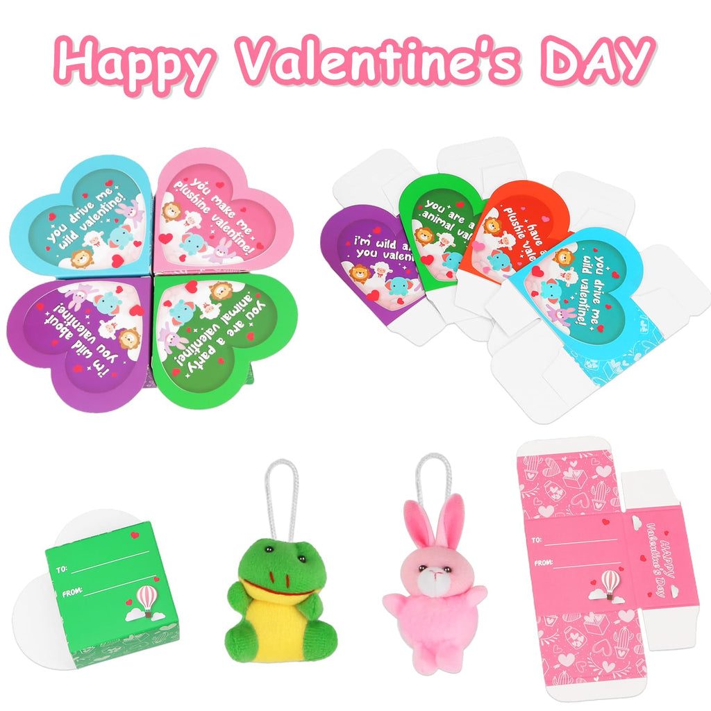 Advoxa Valentines Day Gifts Toys for Kids - 24 Packs Valentines Day Heart Boxes with Animal Plush Toys, Valentines Gift Exchange School Classroom Prize Rewards Party Favors Toys