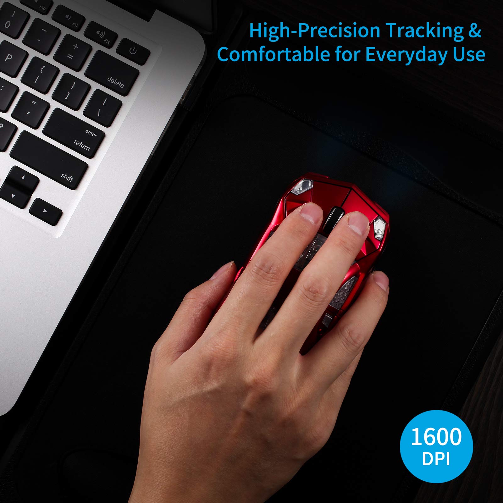 BKLNOG Sports Car Shaped Computer Mouse [Updated] with LED Headlights, 1600 DPI Optical Sensor 2.4 GHz Wireless Mouse for PC & Mac, Red