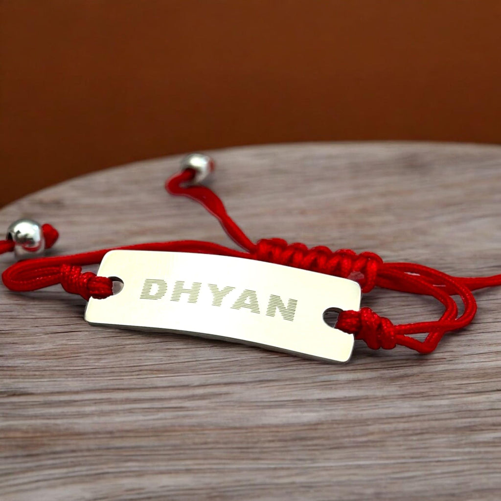 LoveNspire Personalized Stainless Steel Rakhi for Brother Custom Engraved Names Bracelet for Bhai - Raksha Bandhan Customizable Bracelets - Thread Rakhi Gift Hamper with Roli Chawal Greeting Card