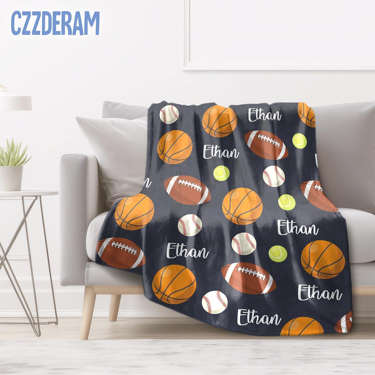 CZZDERAM Baby Boy Personalized Blanket Sports,Customized Sport Baby Blanket with Name,Ball Toddler Blanket,Customezed Birthday for Girl Boy Teens, Baby Shower Newborn Gifts