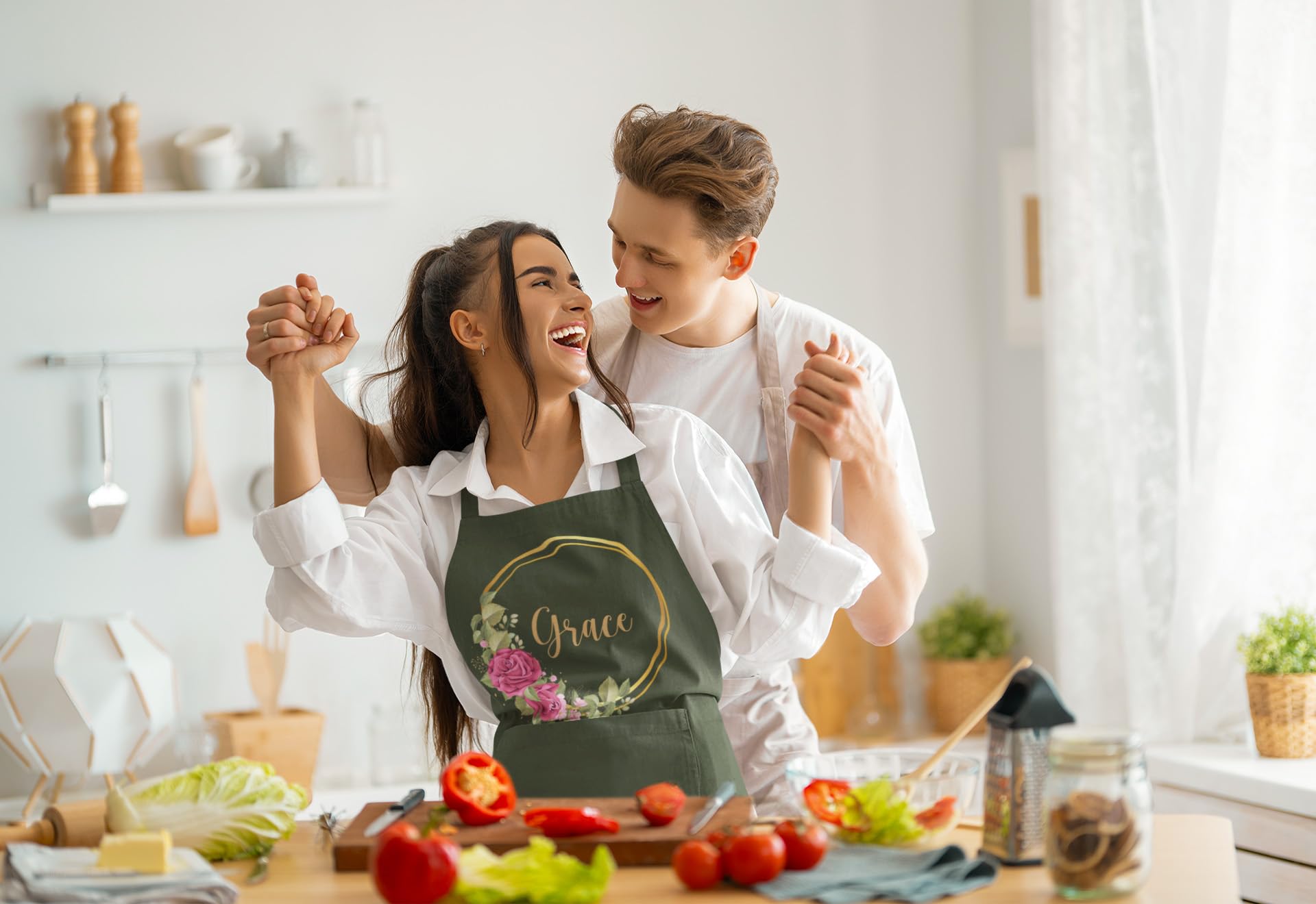 ROKO CLOTHING Personalized Apron Floral Initials Design Name Text with Pockets - Custom Name Kitchen Aprons Women, Gift for Baking, Cooking, BBQ, Gardening, Adjustable Neck & Waist