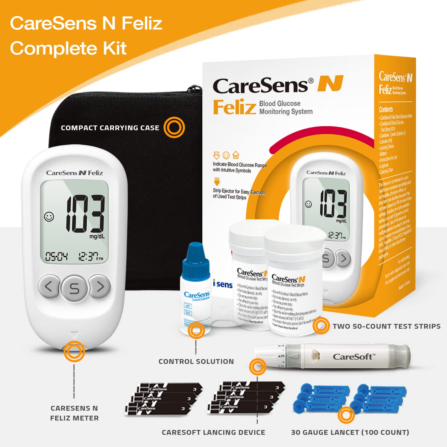 CareSens N Feliz Blood Glucose Monitoring Kit with 100 Blood Sugar Test Strips, 100 Lancets, 1 Blood Glucose Meter, 1 Lancing Device, 1 Control Solution, Travel Case for Diabetes Testing Kit