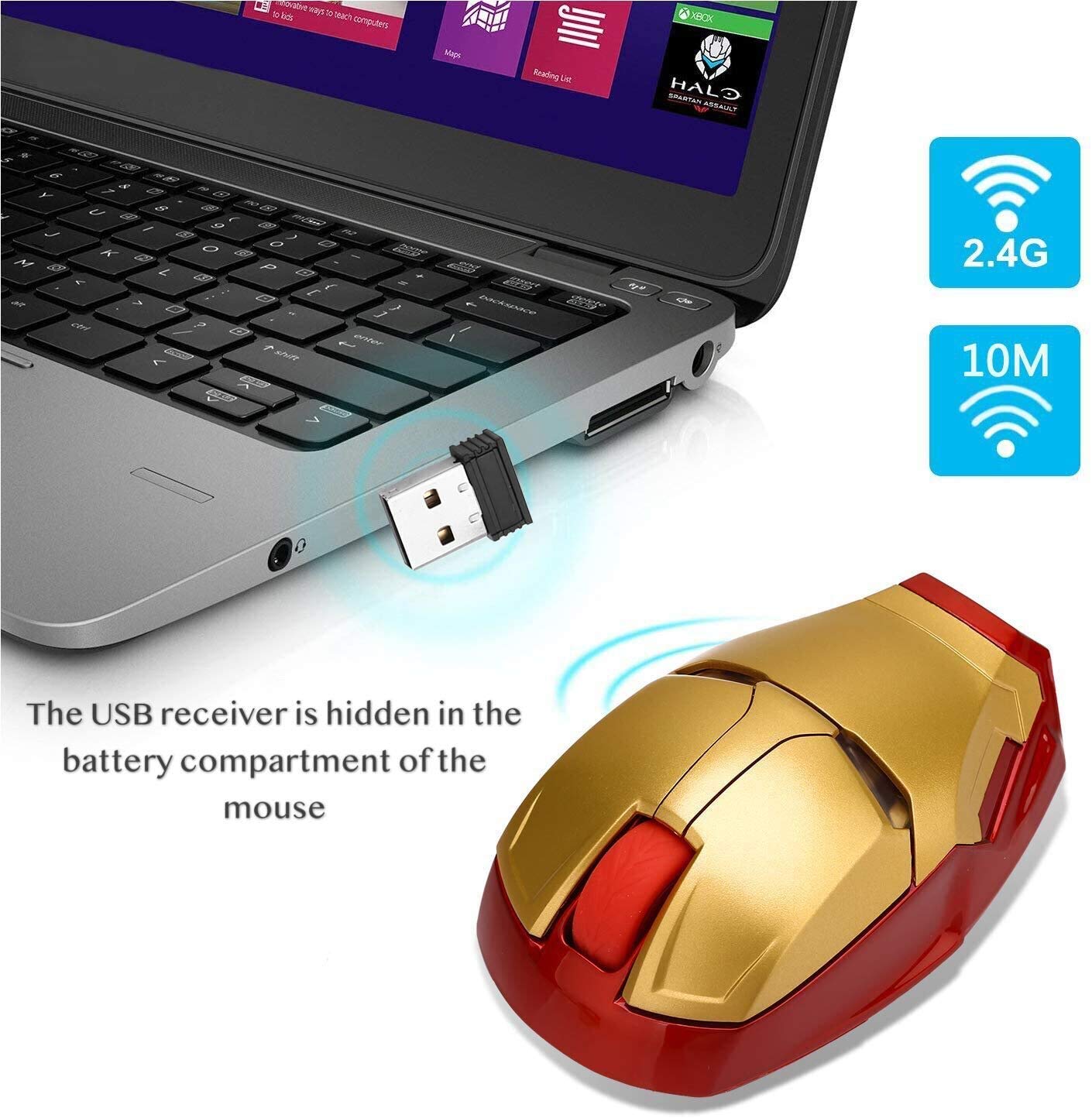 Ergonomic Wireless Mouse Cool Iron Man Mouse 2.4G Portable Mobile Computer Click Silent Mouse Optical Mice with USB Receiver, Black or Golden for Notebook PC Laptop Computer Mac Book, Add a Keychain