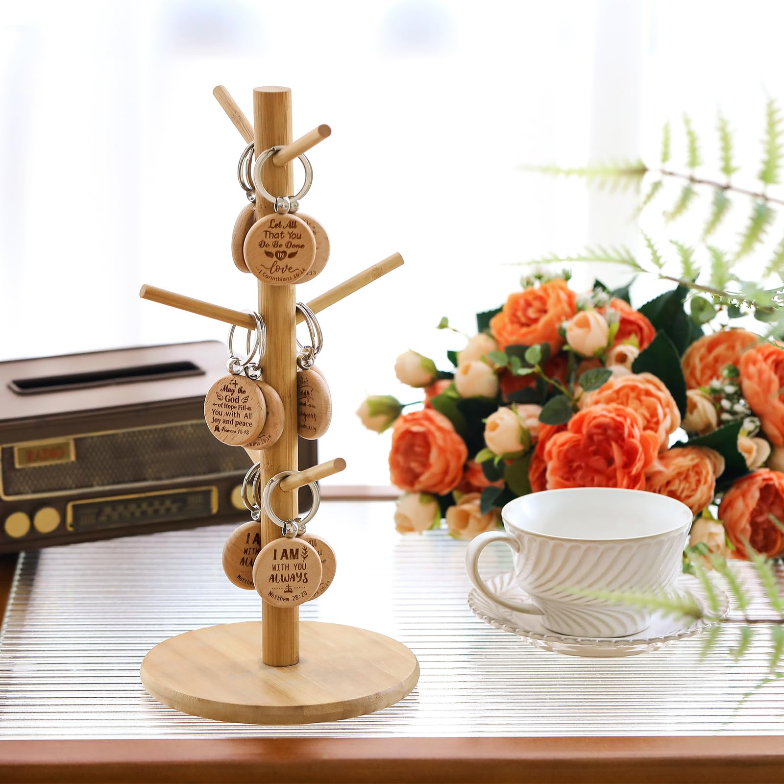 Chunful 100 Pcs Wooden Bible Inspirational Keychains Bulk Bible Verse Key Rings Religious Christian Keychains Rustic Engraving Thank Teacher Gift Graduation Gift for Women Men Students