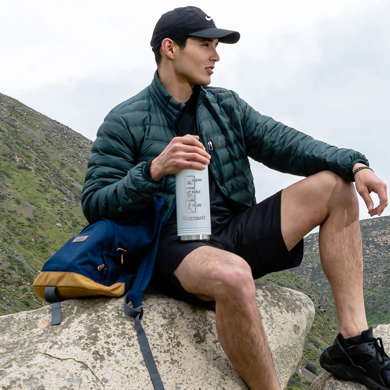 LaserGram Personalized Water Bottle, Basketball Ball, Stainless Steel Double Wall Vacuum Insulated with Flip Top Straw, Custom Engraved Gift (20oz / 590ml Black)