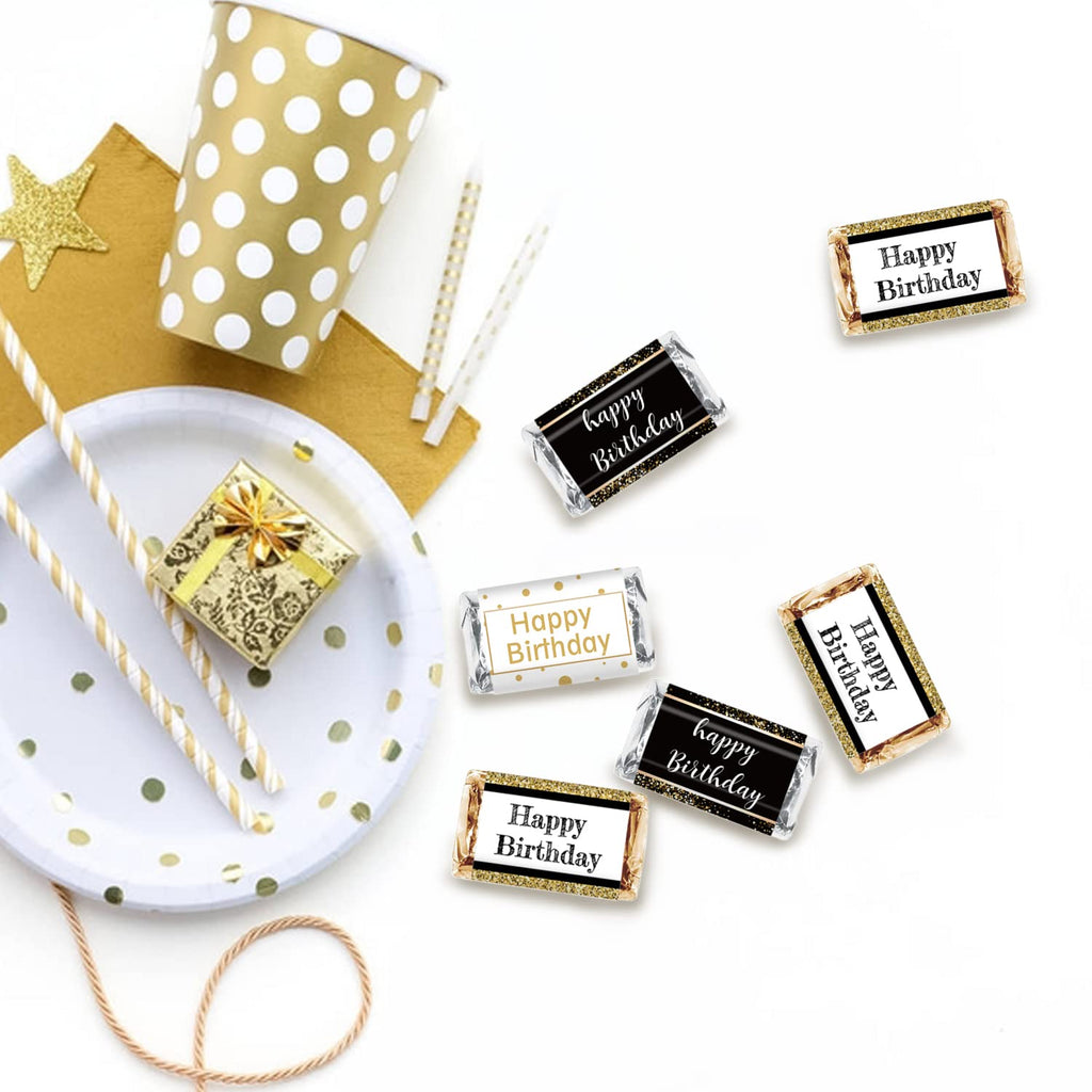 Happy Birthday Candy Bar Wrappers, Black and Gold Mini Candy Bar Wrappers Birthday Party Favors, Pack of 54