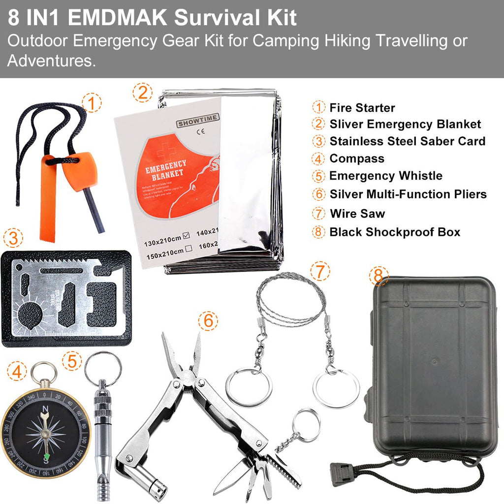 EMDMAK Survival Kit Outdoor Emergency Gear Kit for Camping Hiking Travelling or Adventures (Black)