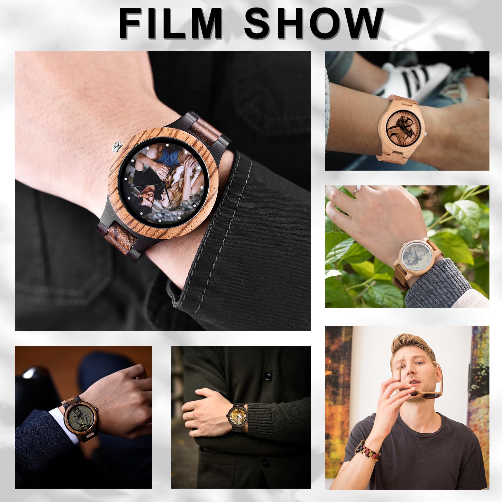 Personalized Customized Wooden Watch for Men Original Engraved Photo Natural Wood Watches with Adjustable Wristband for Birthday Anniversary Present for Husband Dad Son or Boyfriend (Colorful)