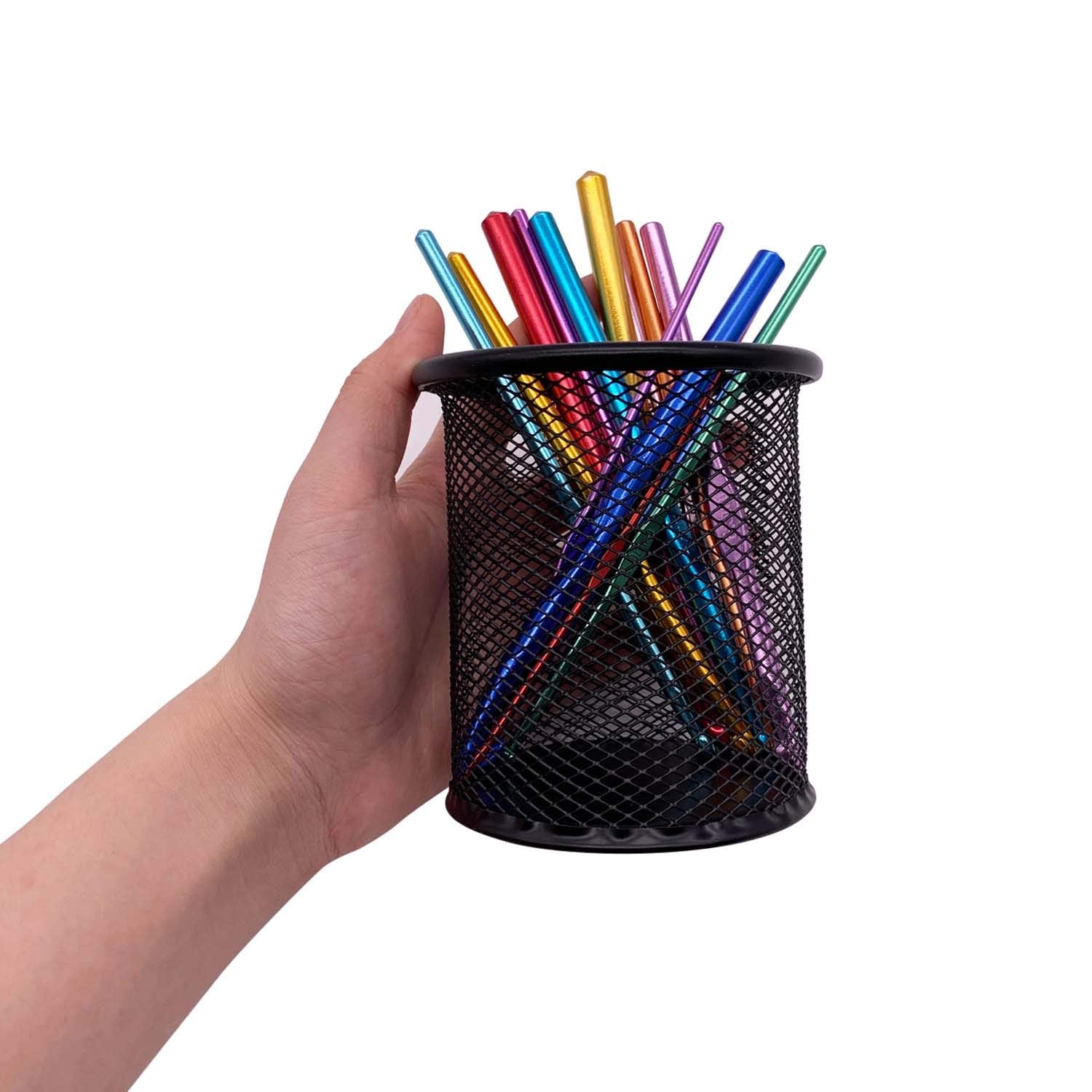 Black Pen Holder Cup for Desk, Black Wire Mesh Pencil Cup Holder for Desk Office Pen Organizer