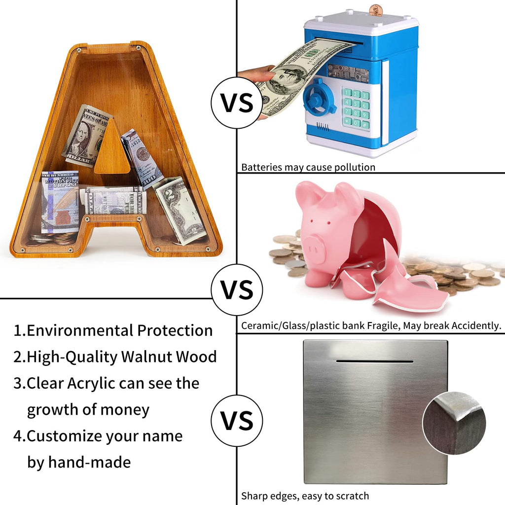 Custom Piggy Bank with Laser Engraved Name, Creative Alphabet Letter Storage Bank, Personalized Wooden Toy with DIY Letter for Kids, Money Bank (K)