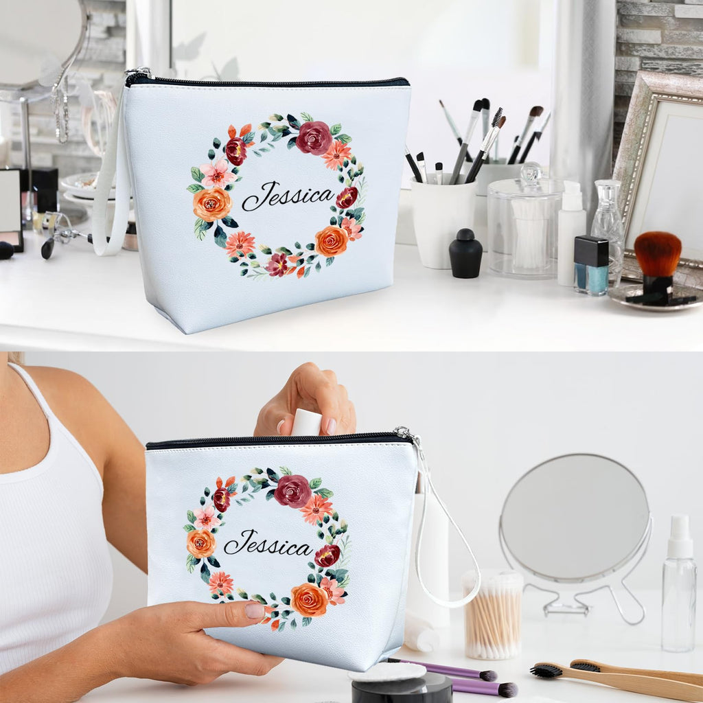 ubmpj Personalized Makeup Bag PU Leather Waterproof Custom Monogrammed Cosmetic Bag with Inner Pocket Gift for Wedding Birthday Christmas Bride Bridesmaid Friends