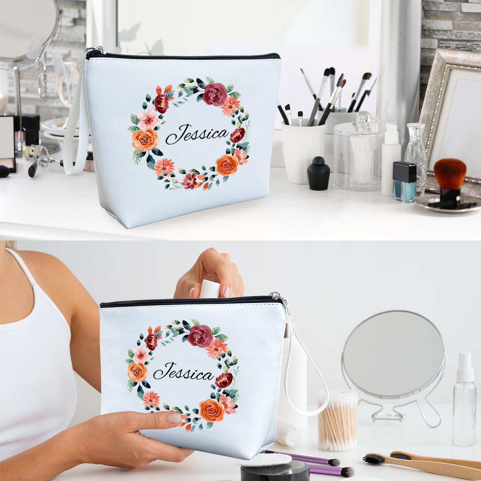 ubmpj Personalized Makeup Bag PU Leather Waterproof Custom Monogrammed Cosmetic Bag with Inner Pocket Gift for Wedding Birthday Christmas Bride Bridesmaid Friends