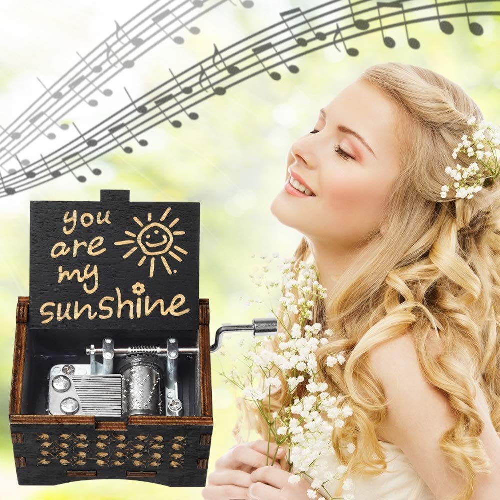 Dream Loom Wooden Music Box, Hand Cranked Laser Engraved Small Musical Boxes for Kids, Play You are My Sunshine Melody