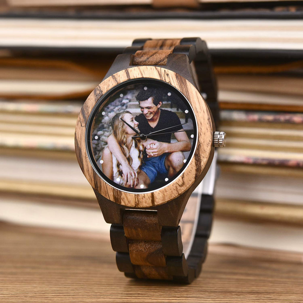 Personalized Customized Wooden Watch for Men Original Engraved Photo Natural Wood Watches with Adjustable Wristband for Birthday Anniversary Present for Husband Dad Son or Boyfriend (Colorful)