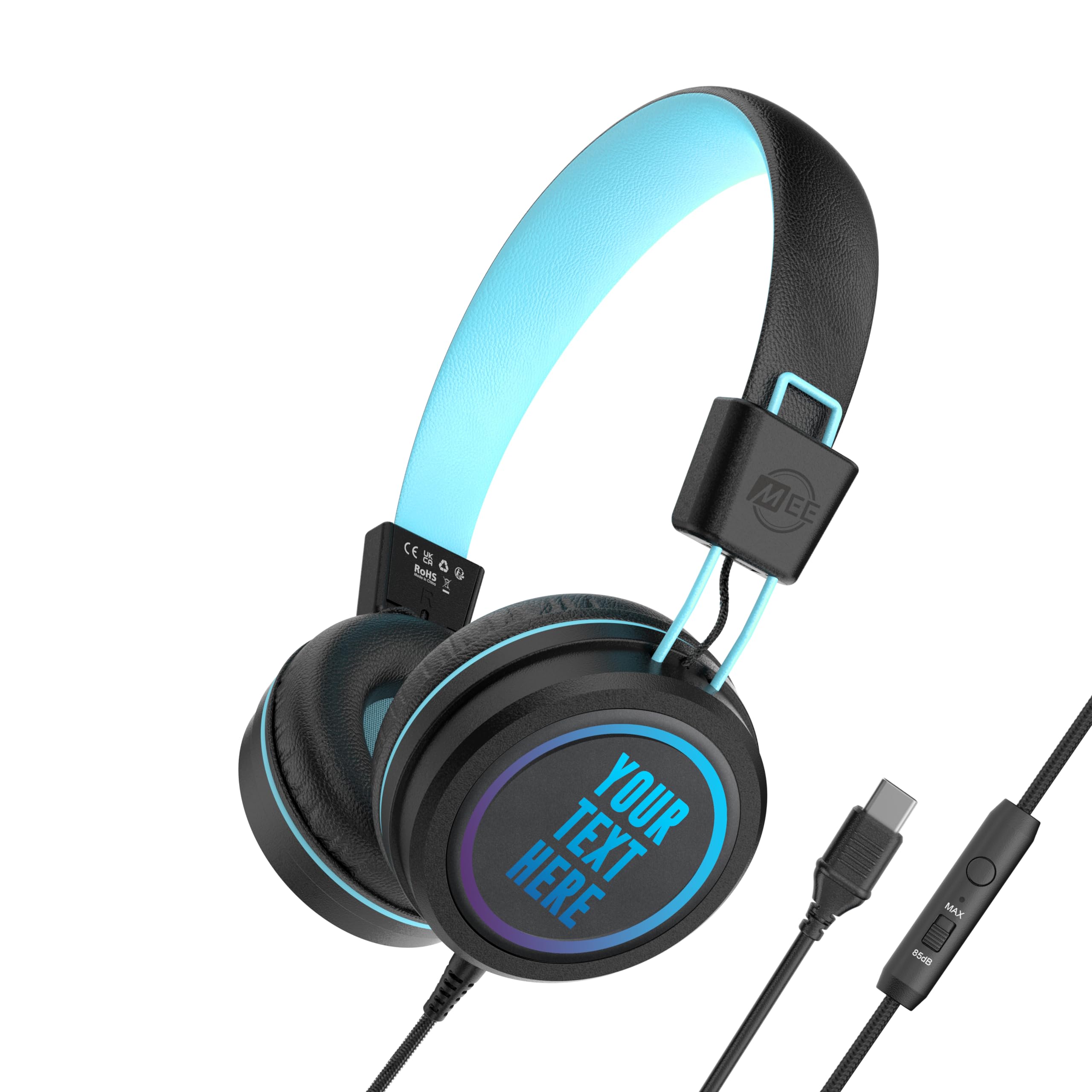 MEE audio KidJamz KJ55 Personalized USB-C Safe Listening Wired Headphones for Kids with Custom LED-Backlit Design, Volume Limiter, & Microphone for iPhone 15, iPad, & USB Type C Devices (Black)