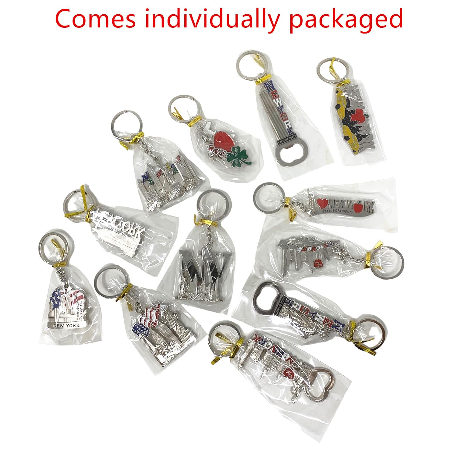 12 Pack Silver NYC Souvenir Collection New York Metal Keychain Ring Bundle Bulk Includes Empire State, Freedom Tower, Statue Of Liberty, USA Flag,NY Cab, Apple, 3 Pc Bottle Opener too And More