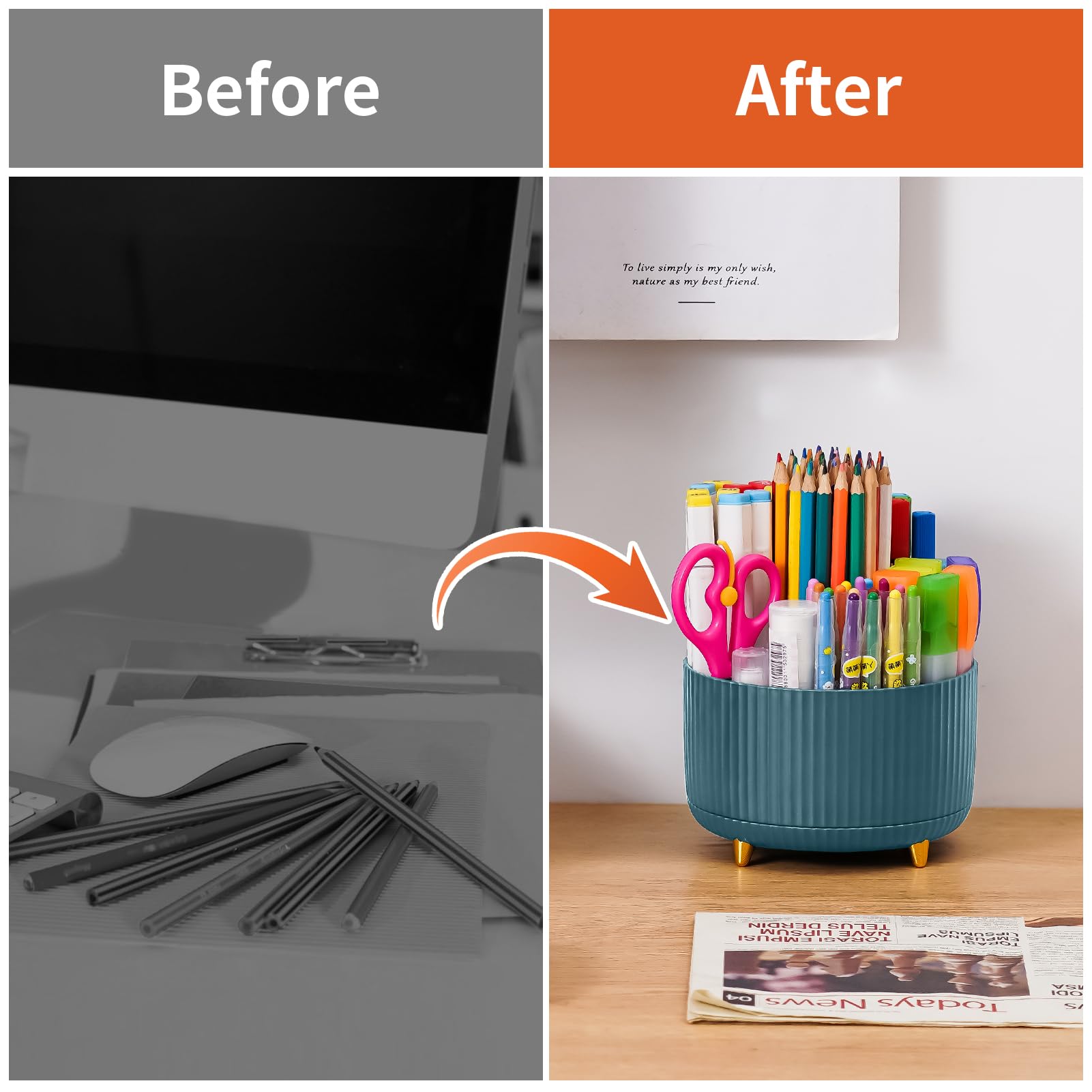 Marbrasse Desk Organizer, 360-Degree Rotating Pen Holder for Desk, Desk Organizers and Accessories with 5 Compartments Pencil Organizer, Art Supply Storage Box Caddy for Office, Home （Dark Green）