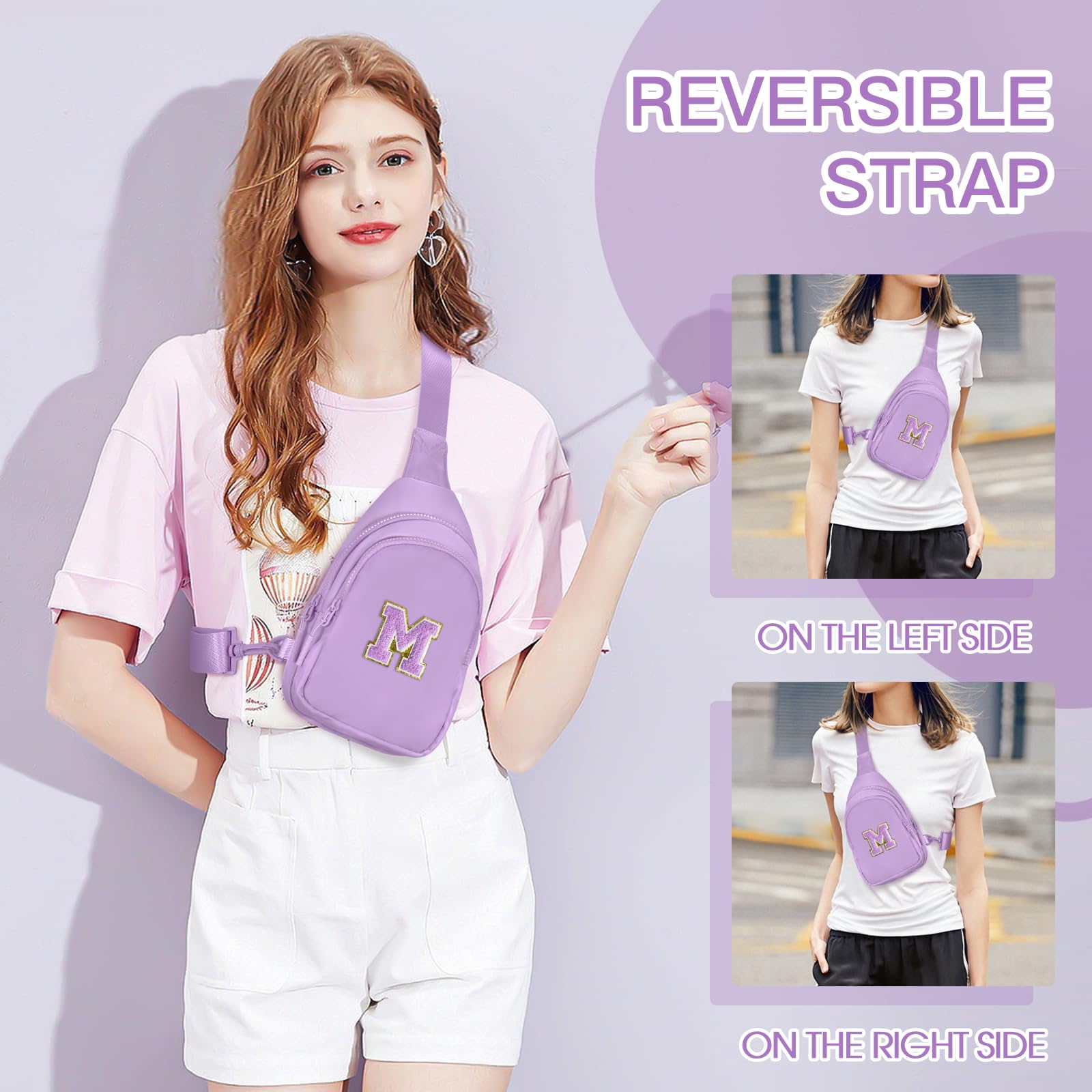 Viverte Small Initial Sling Bag Crossbody Bag Fanny Pack for Girls Women Cute Chest Bag Cross Body Bag Personalized Birthday Gifts for Her Trendy Preppy Stuff Cool Stuff for Teen Girls (Lavender-M)