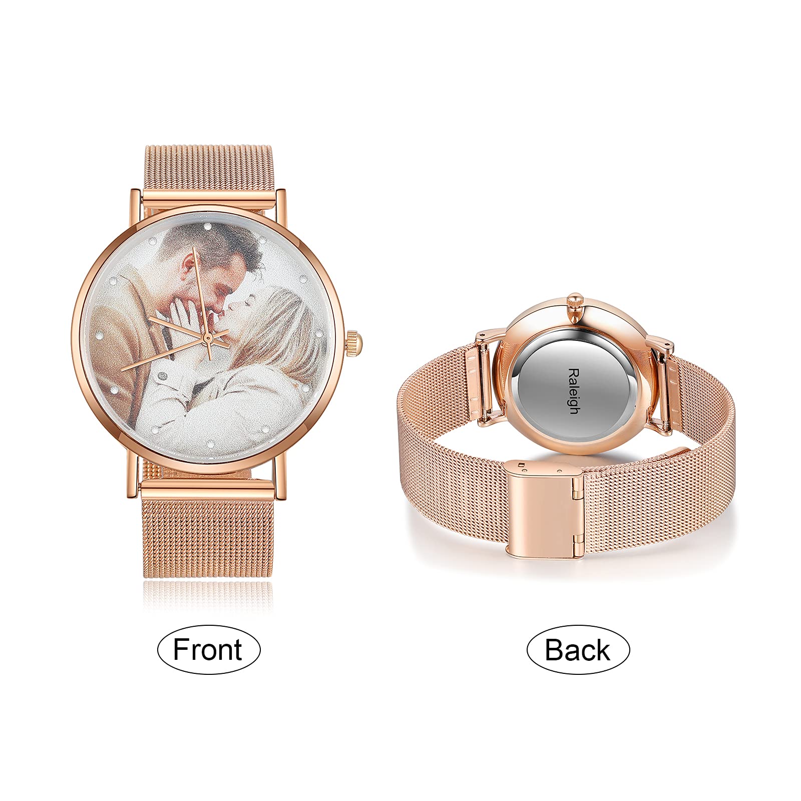 OPALSTOCK Personalized Watch Engraved Words Photo Wrist Watches Leather Strap Handmade Couple Watch Customized Father's Mother's Groom Gift (rose gold)